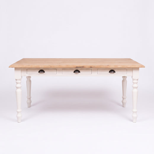 Dining Table Chablis in white with oak top, front view, 180 x 90 x 78 cm