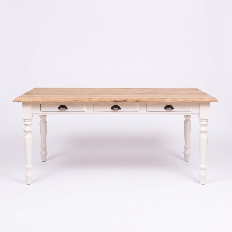 Dining Table Chablis in white with oak top, front view, 180 x 90 x 78 cm