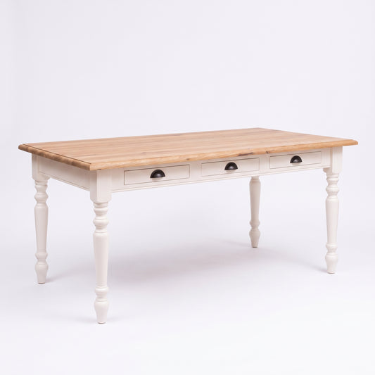 Dining Table Chablis in white with oak top, three-quarter view from the front left, 180 x 90 x 78 cm