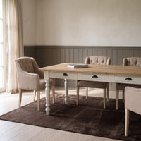 Dining Table Chablis in white with oak top, in an interior, 180 x 90 x 78 cm