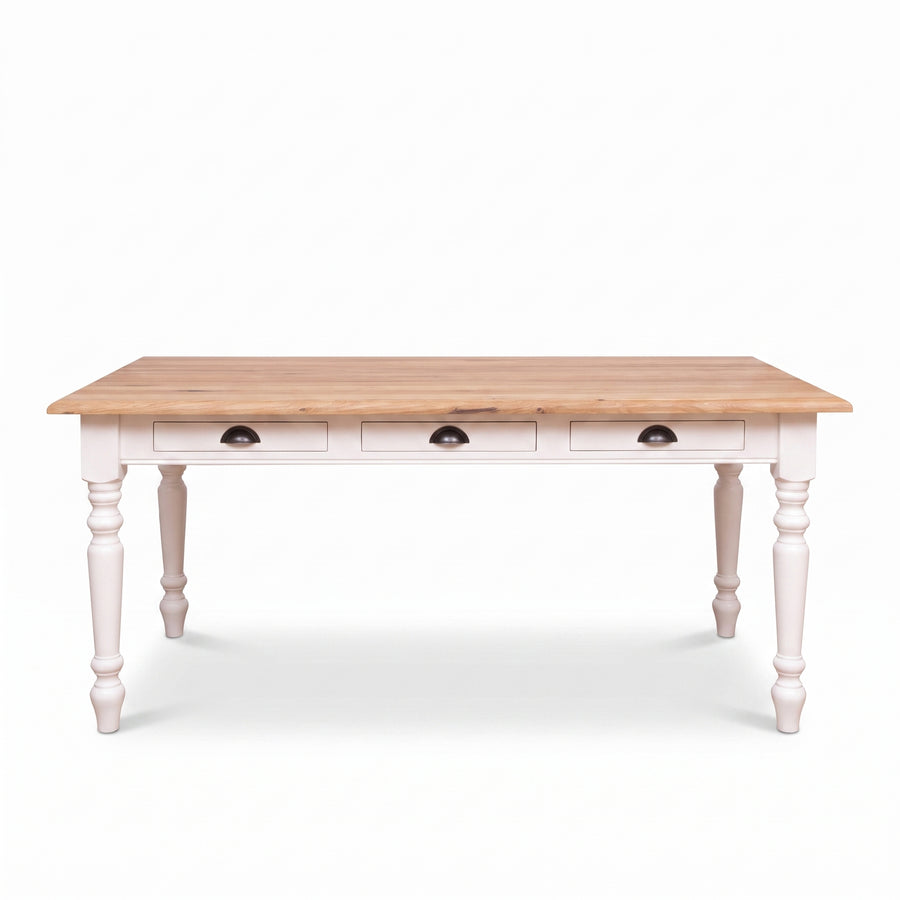 Dining Table Chablis in white with oak top, front view, 210 x 90 x 78 cm
