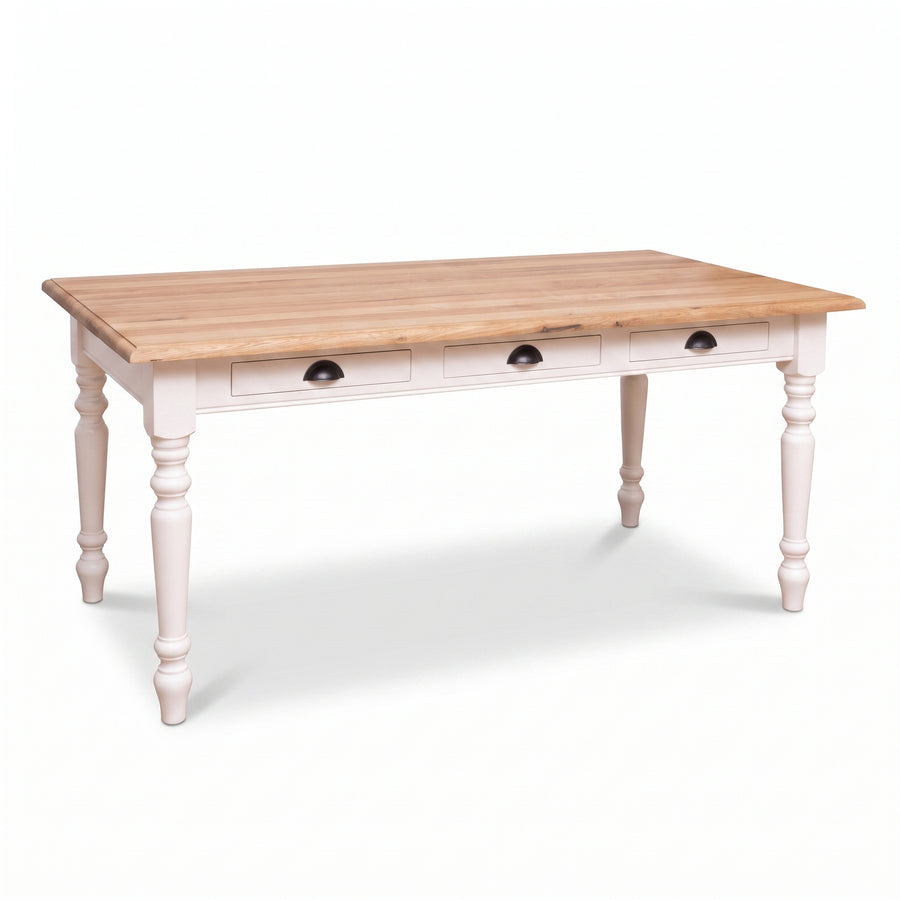 Dining Table Chablis in white with oak top, three-quarter view from the front left, 210 x 90 x 78 cm