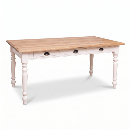 Dining Table Chablis in white with oak top, three-quarter view from the front left, 210 x 90 x 78 cm