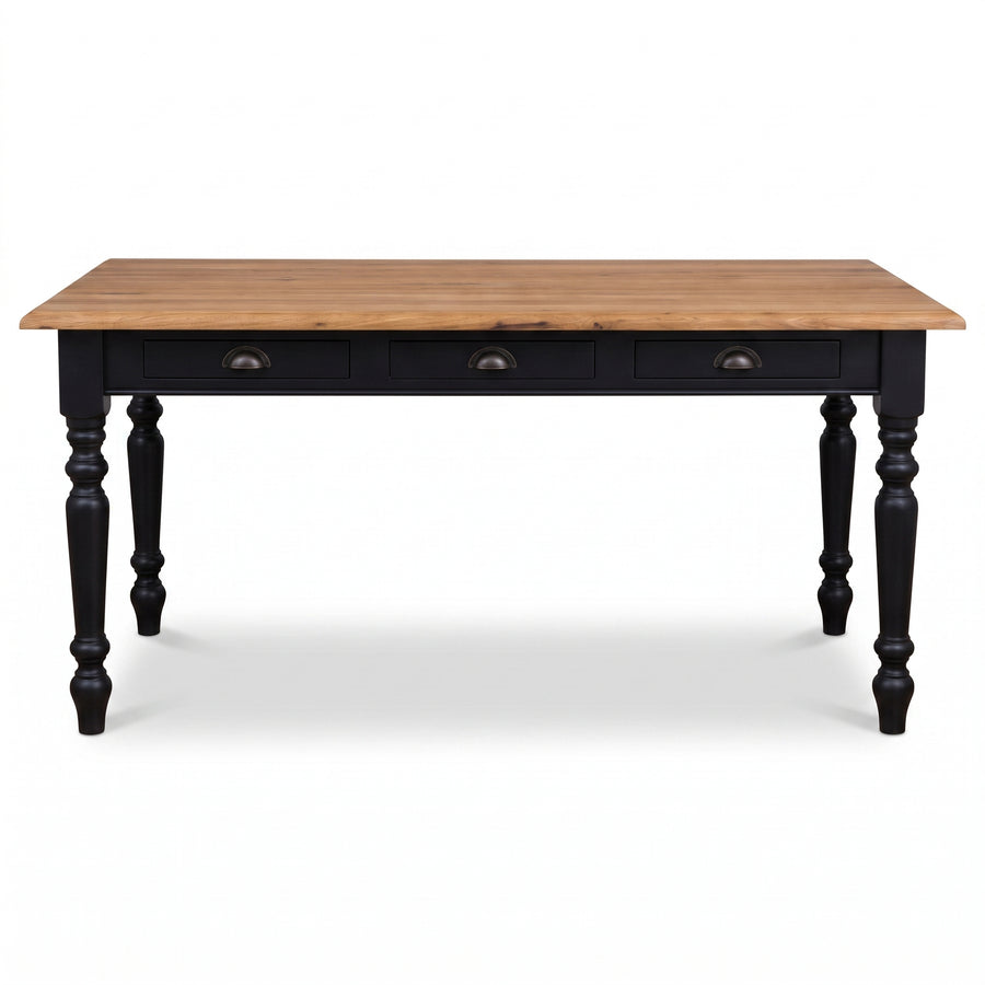 Dining Table Chambolle in black with oak top, front view, 210 x 90 x 78 cm