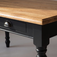 Dining Table Chambolle in black with oak top, close-up of the finish and construction, 210 x 90 x 78 cm