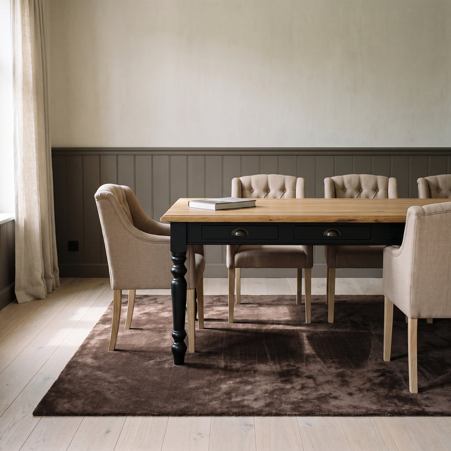 Dining Table Chambolle in black with oak top, in an interior, 210 x 90 x 78 cm