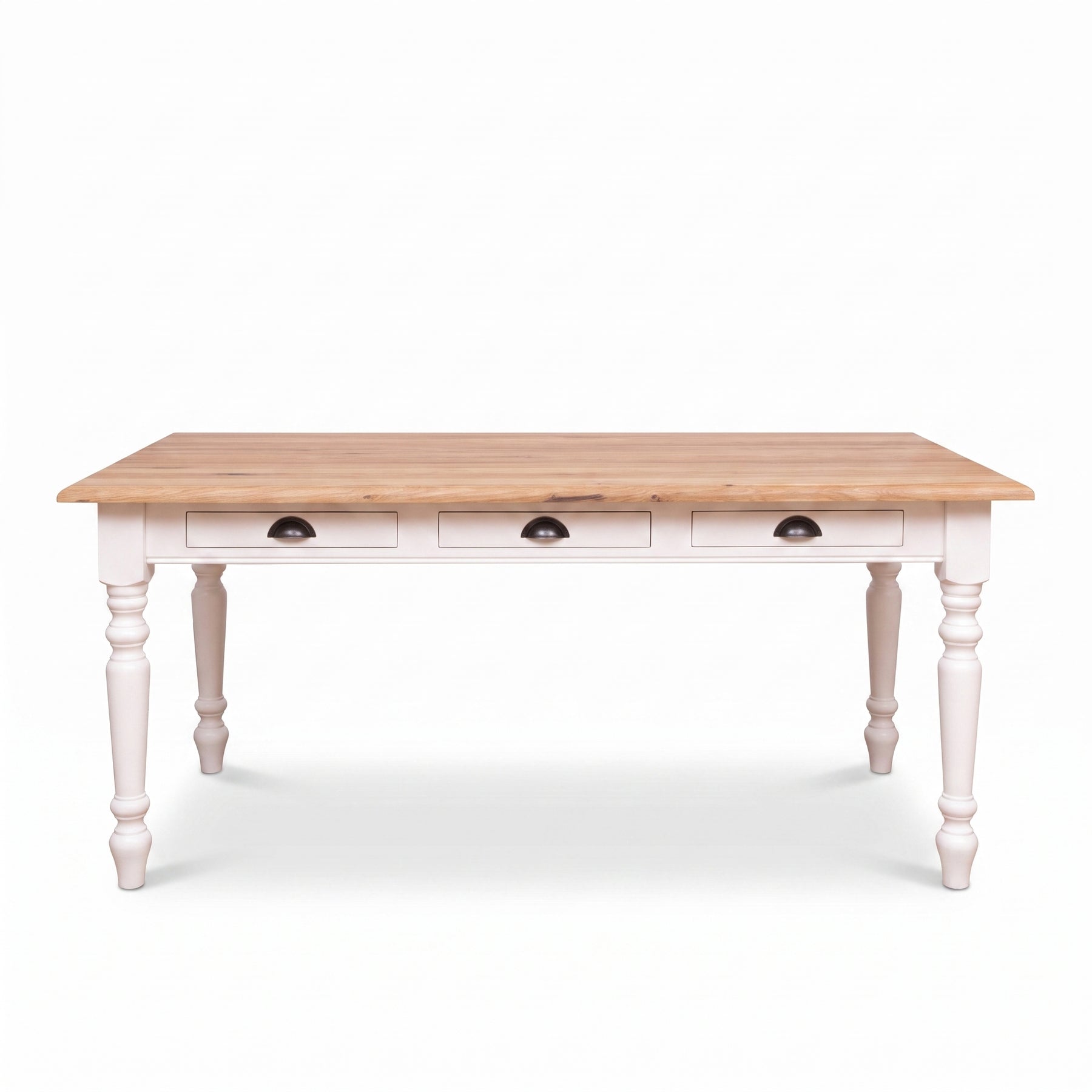 Dining Table Chambolle in white with oak top, front view, 210 x 90 x 78 cm