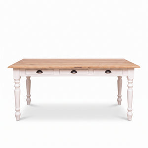 Table à manger - Chambolle - Pin Massif - 210 x 90 x 78 cm - Blanc avec plateau en chêne