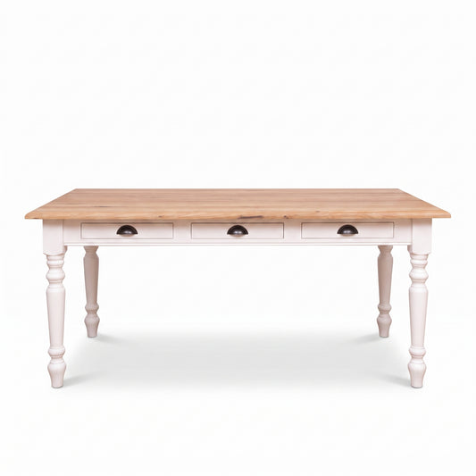 Dining Table Chambolle in white with oak top, front view, 210 x 90 x 78 cm