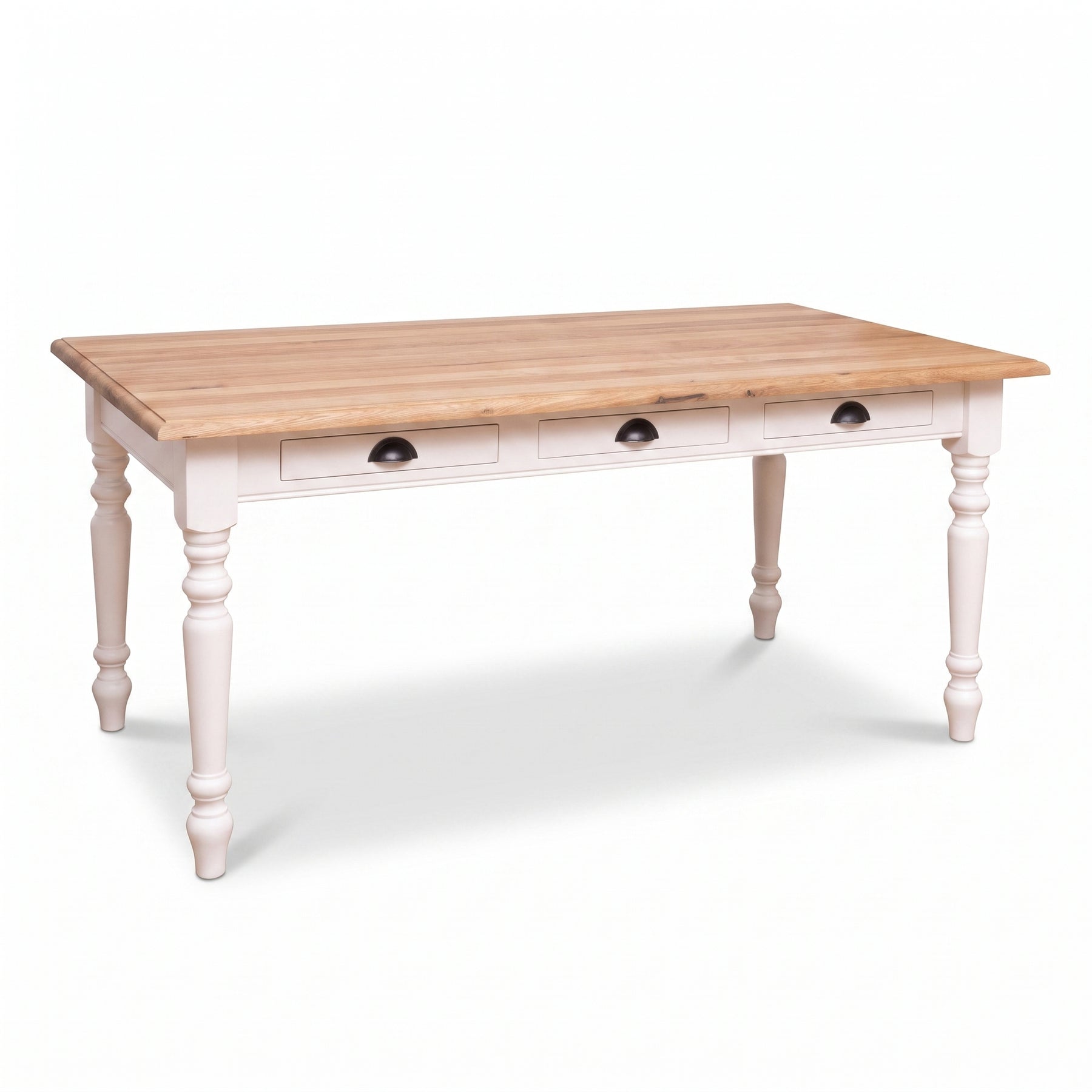Dining Table Chambolle in white with oak top, three-quarter view from the front left, 210 x 90 x 78 cm