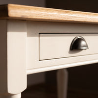 Dining Table Chambolle in white with oak top, close-up of the finish and construction, 210 x 90 x 78 cm