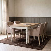 Dining Table Chambolle in white with oak top, in an interior, 210 x 90 x 78 cm