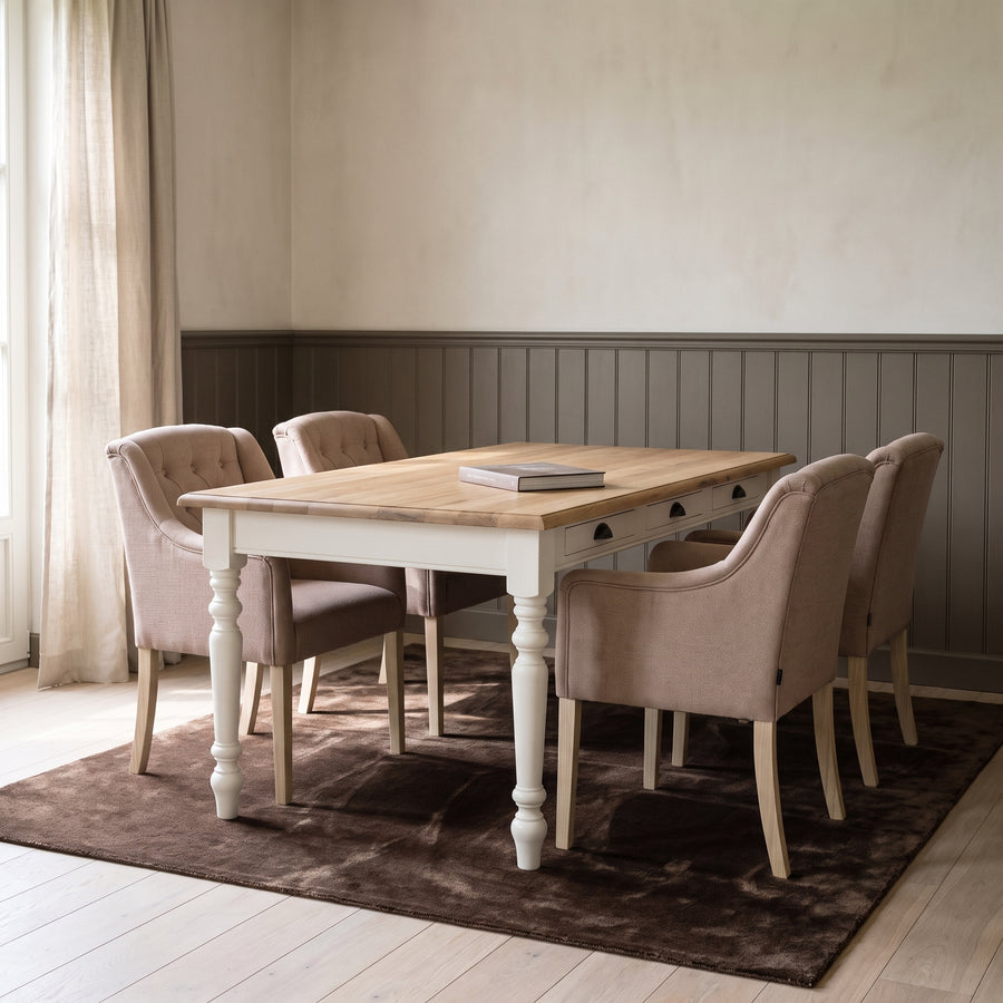 Dining Table Chambolle in white with oak top, in an interior, 210 x 90 x 78 cm