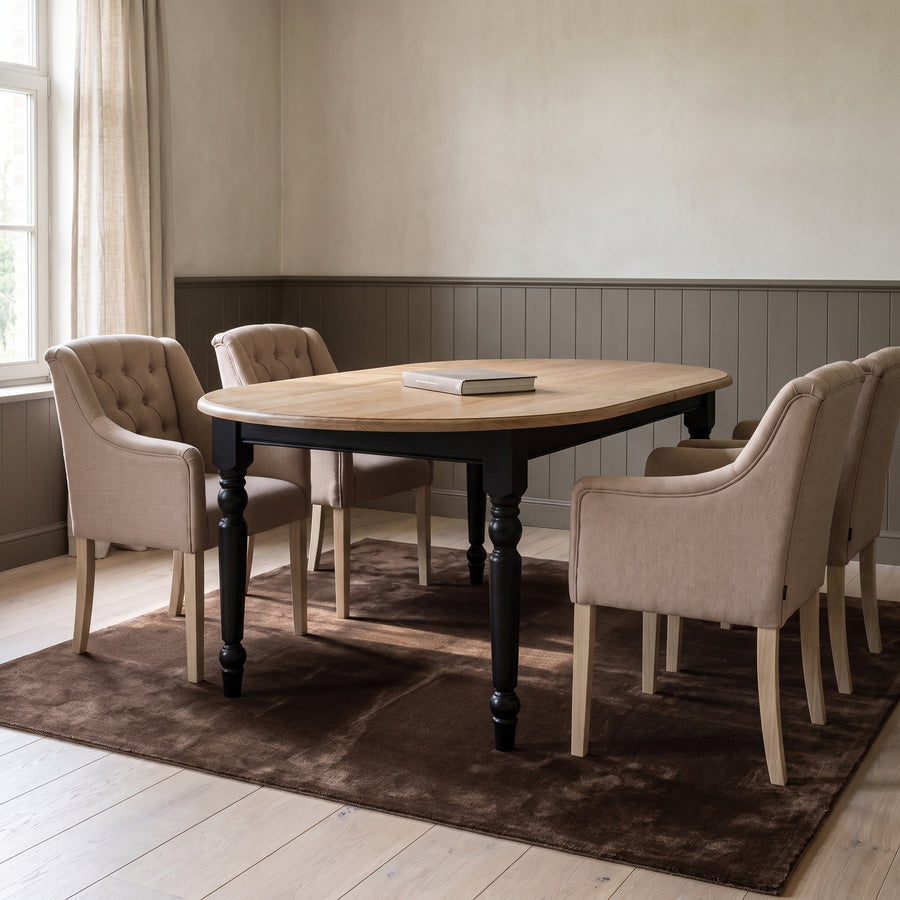 Dining Table Givry in black with oak top, in an interior, 180 x 120 x 78 cm