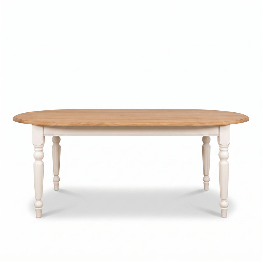 Dining Table Givry in white with oak top, front view, 180 x 120 x 78 cm