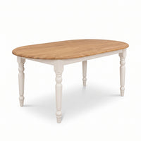 Dining Table Givry in white with oak top, three-quarter view from the front left, 180 x 120 x 78 cm
