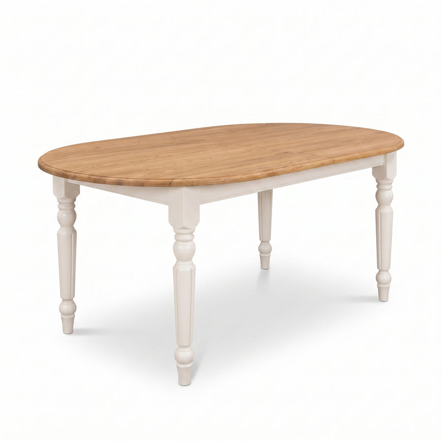 Dining Table Givry in white with oak top, three-quarter view from the front left, 180 x 120 x 78 cm