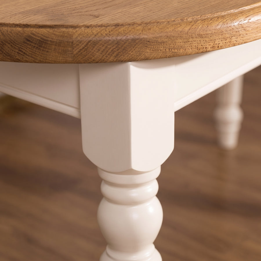 Dining Table Givry in white with oak top, close-up of the finish and construction, 180 x 120 x 78 cm