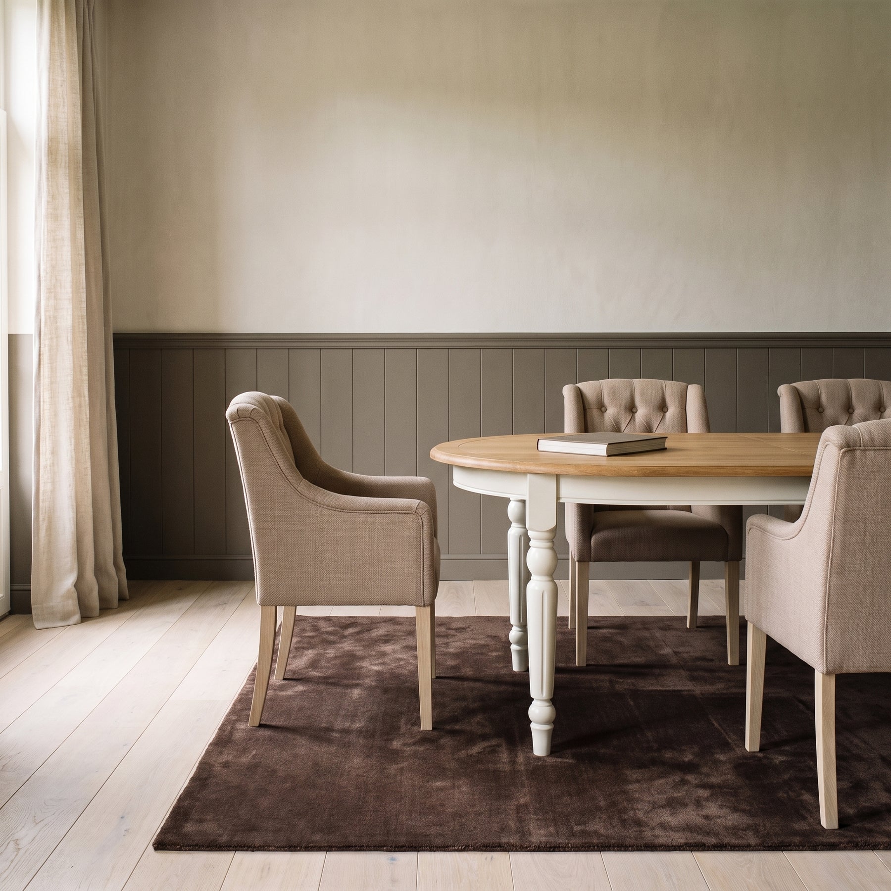 Dining Table Givry in white with oak top, in an interior, 180 x 120 x 78 cm