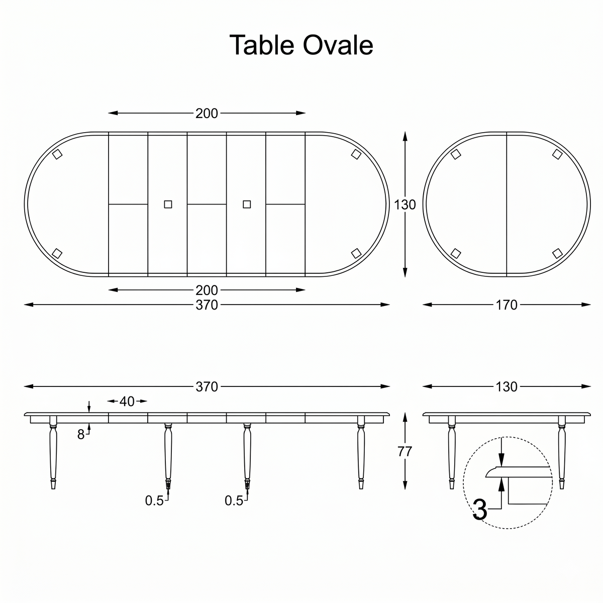 Mesa de Comedor Orlan - Extensible - Roble Macizo - 170-370 x 130 x 77 cm