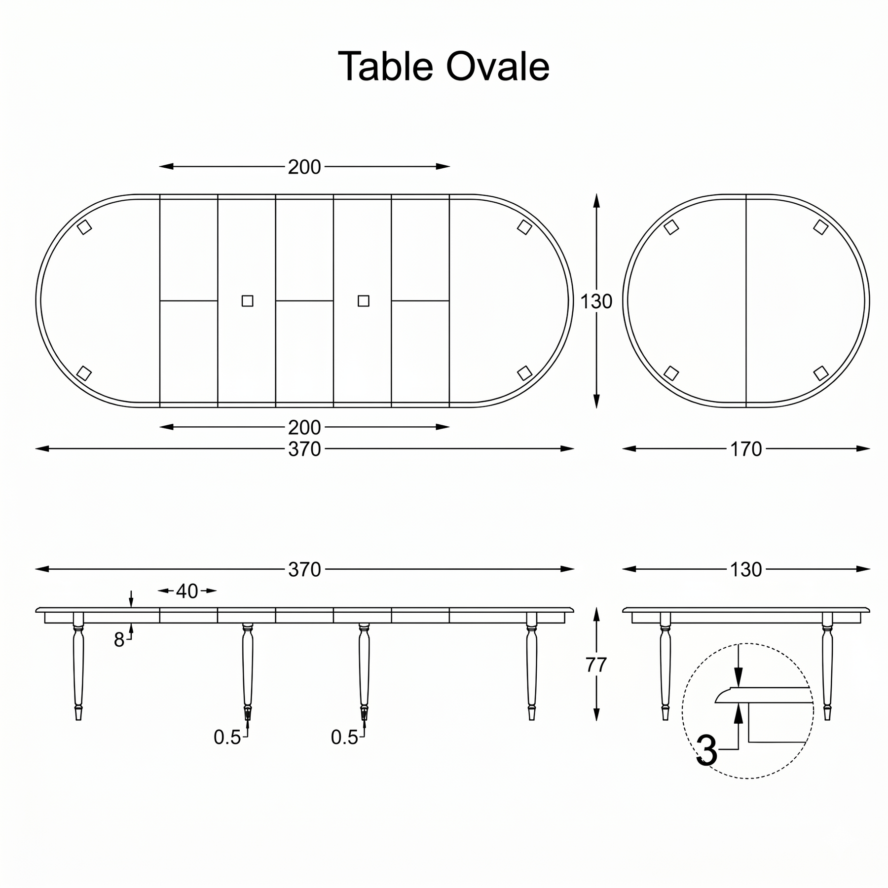 Table de salle à manger Orlan - Extensible - Noir & Chêne Top - 170 to 370 x 130 x 77 cm