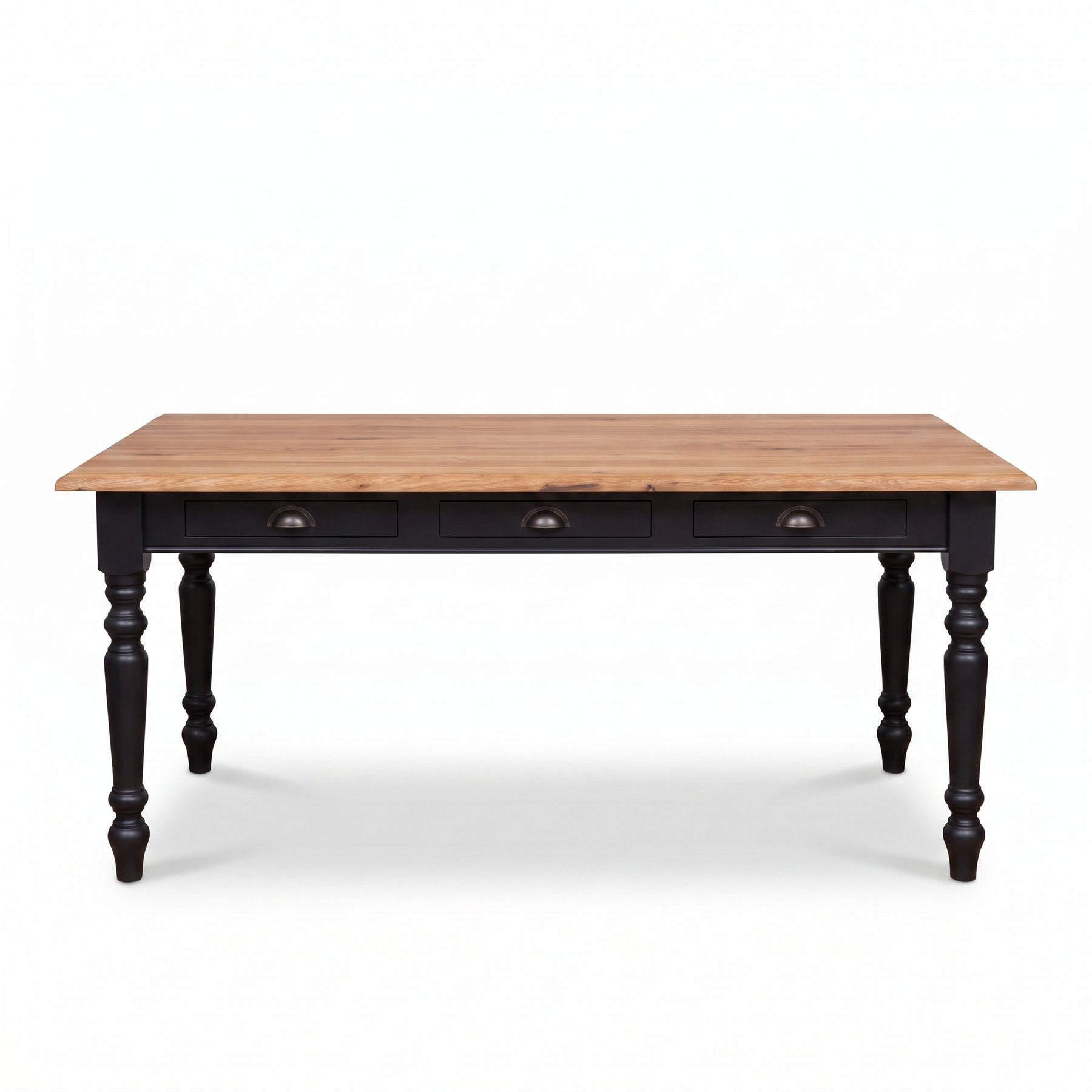 Dining Table Pommard in black with oak top, front view, 180 x 90 x 78 cm