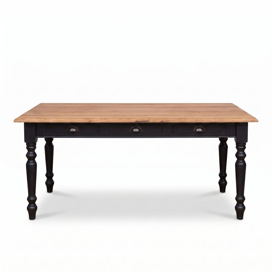 Dining Table Pommard in black with oak top, front view, 180 x 90 x 78 cm