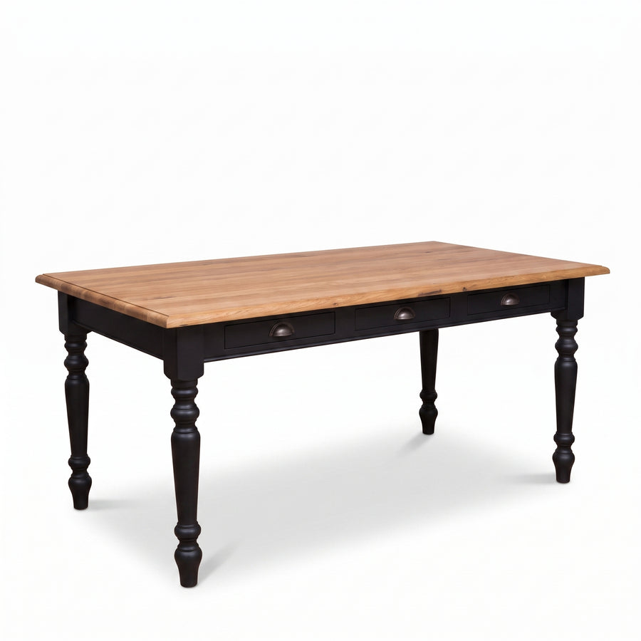 Dining Table Pommard in black with oak top, three-quarter view from the front left, 180 x 90 x 78 cm
