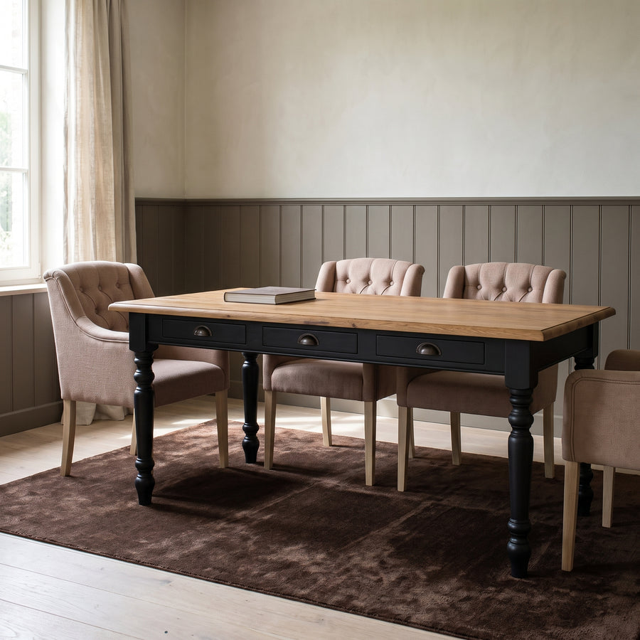 Dining Table Pommard in black with oak top, in an interior, 180 x 90 x 78 cm
