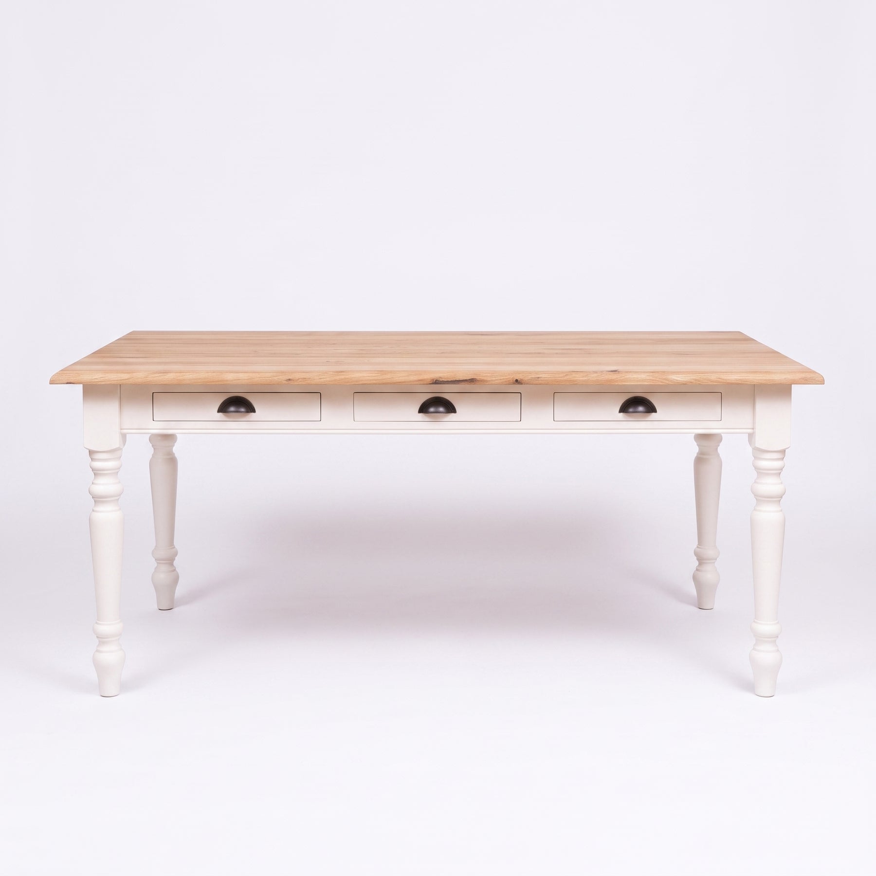 Dining Table Pommard in white with oak top, front view, 180 x 90 x 78 cm
