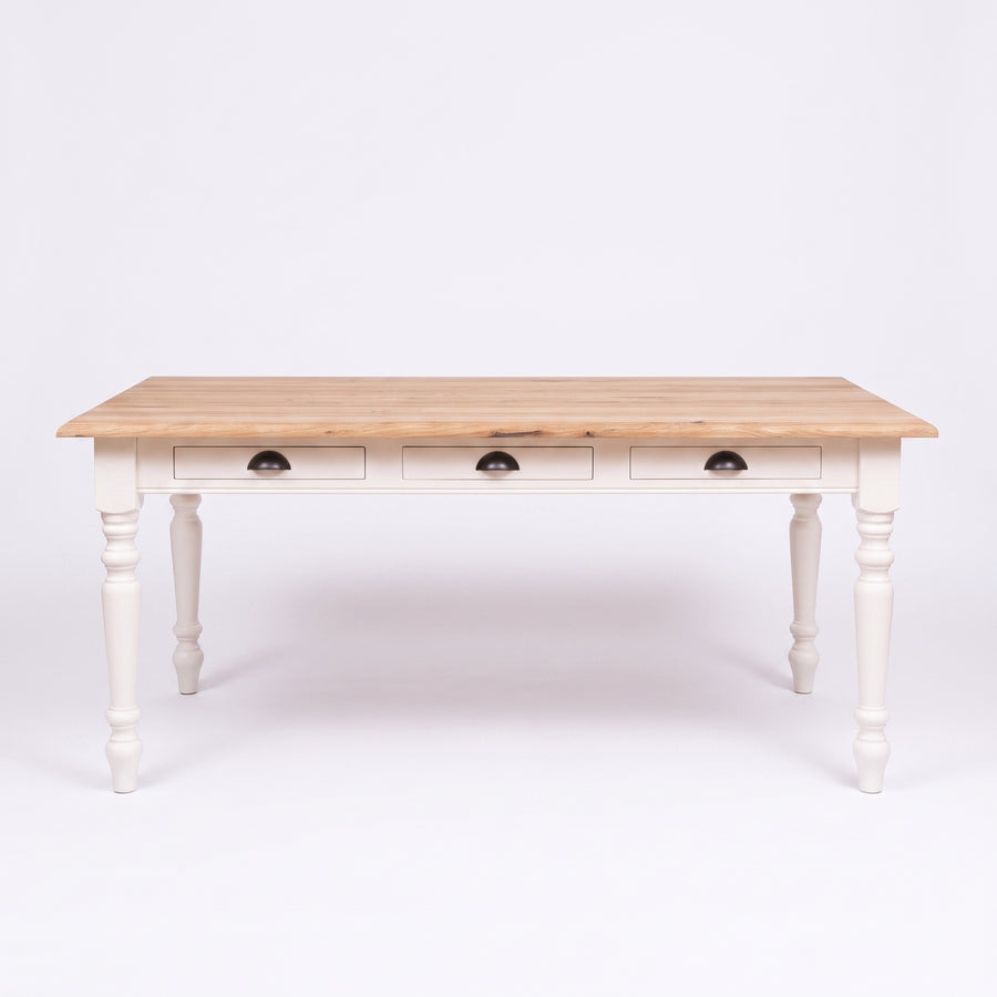 Dining Table Pommard in white with oak top, front view, 180 x 90 x 78 cm