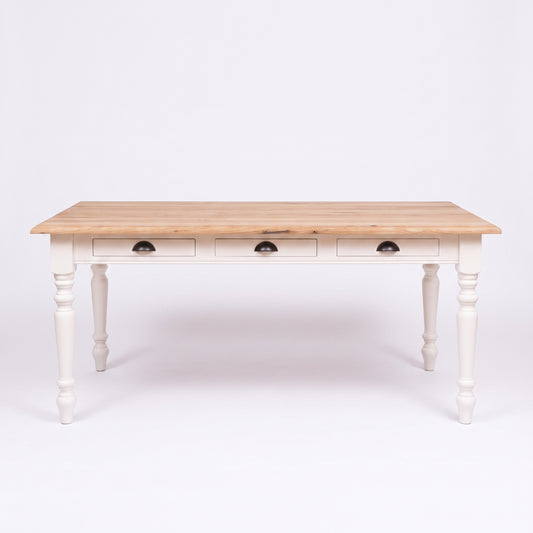 Dining Table Pommard in white with oak top, front view, 180 x 90 x 78 cm