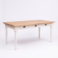 Dining Table Pommard in white with oak top, three-quarter view from the front left, 180 x 90 x 78 cm