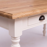 Dining Table Pommard in white with oak top, close-up of the finish and construction, 180 x 90 x 78 cm