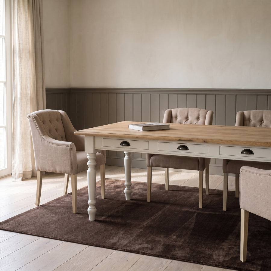 Dining Table Pommard in white with oak top, in an interior, 180 x 90 x 78 cm
