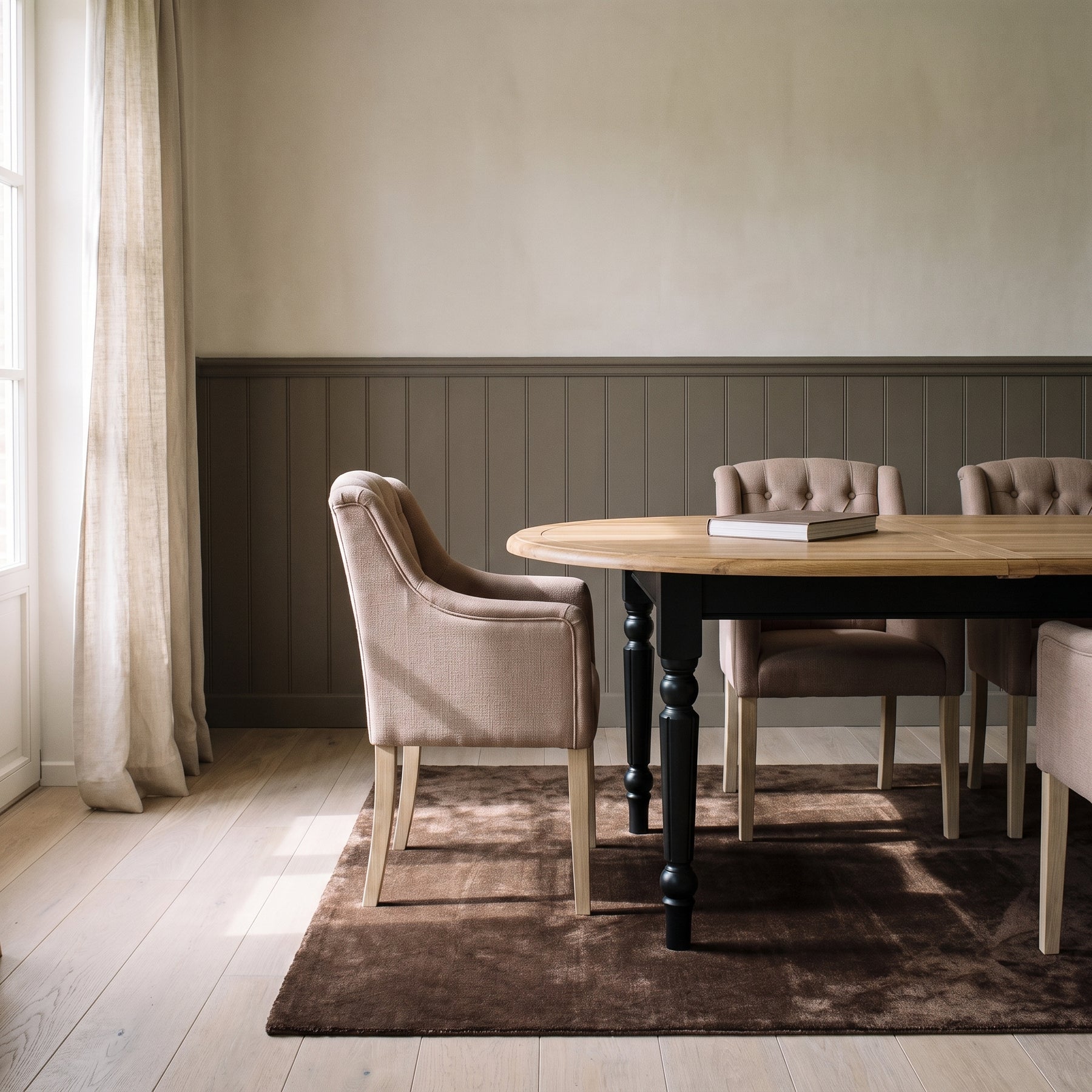 Dining Table Santenay in black with oak top, in an interior, 160 x 120 x 78 cm