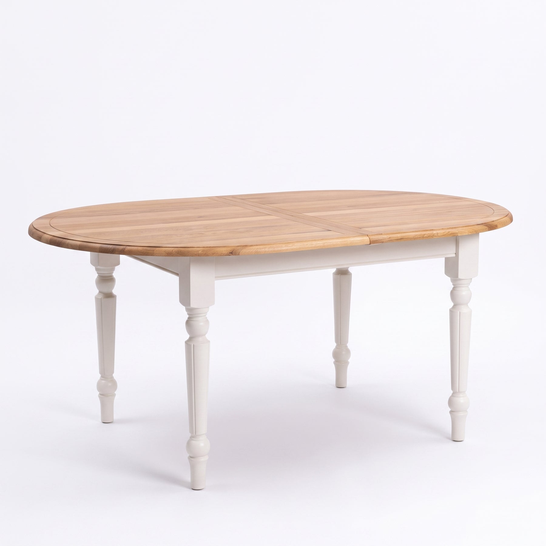 Dining Table Santenay in white with oak top, three-quarter view from the front left, 160 x 120 x 78 cm