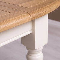 Dining Table Santenay in white with oak top, close-up of the finish and construction, 160 x 120 x 78 cm