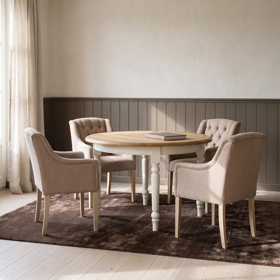 Dining Table Santenay in white with oak top, in an interior, 160 x 120 x 78 cm