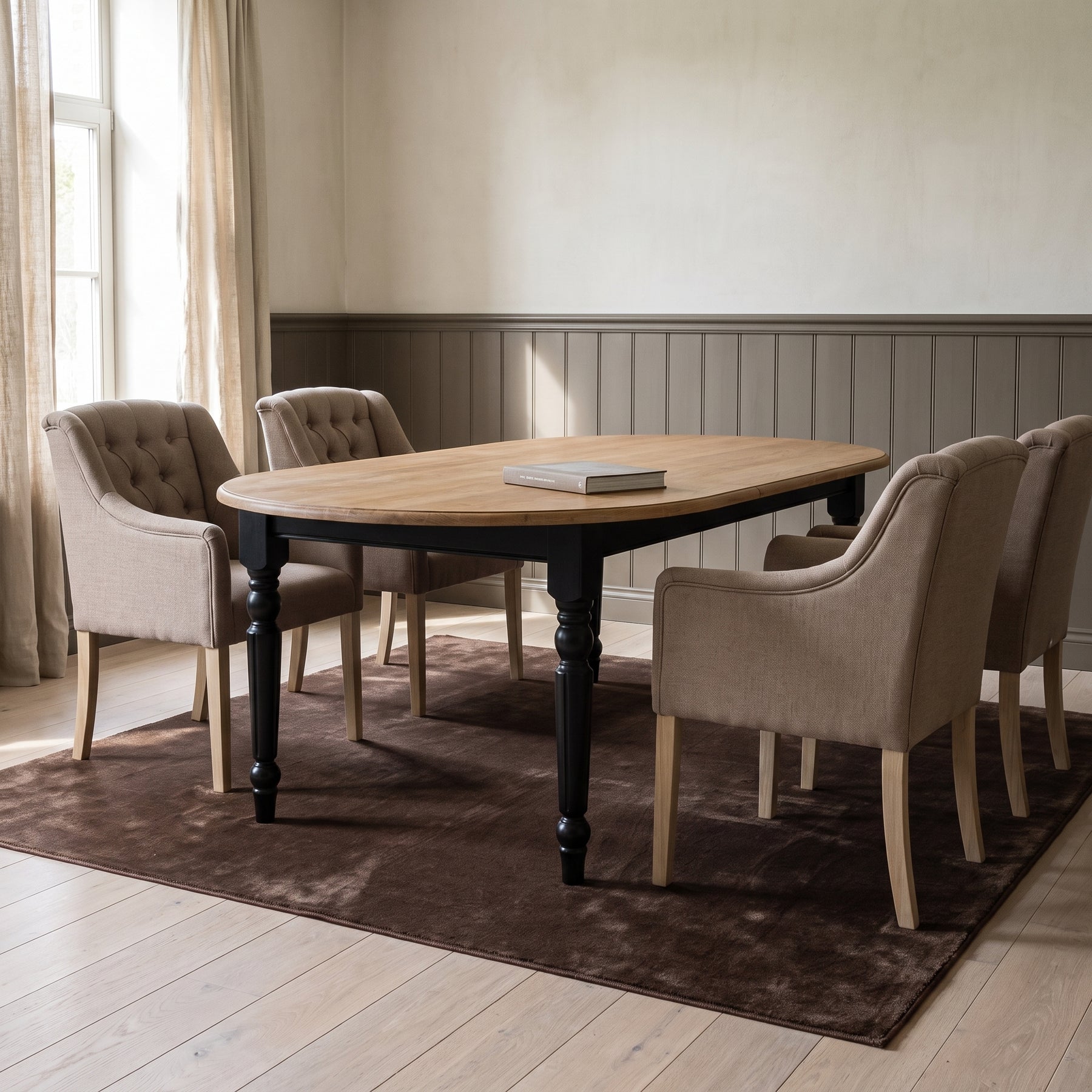 Dining Table Volnay in black with oak top, in an interior, 210 x 120 x 78 cm