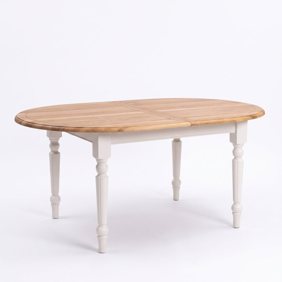 Dining Table Volnay in white with oak top, three-quarter view from the front left, 160 x 120 x 78 cm
