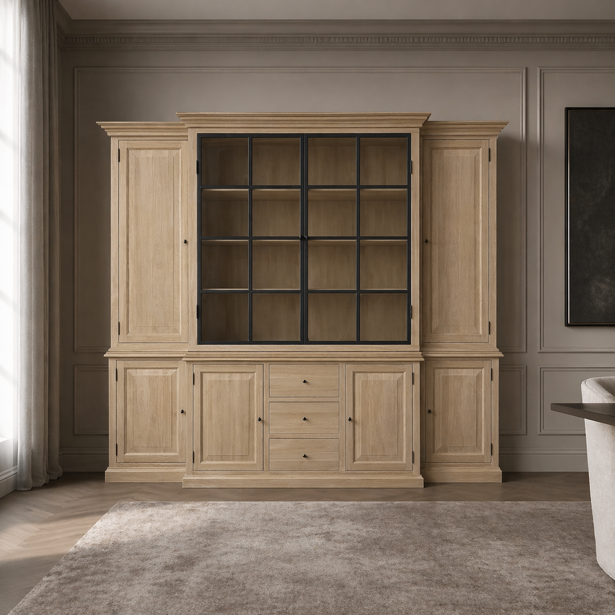 Country-style natural oak Alice display cabinet styled in a paneled living room, 250 cm wide