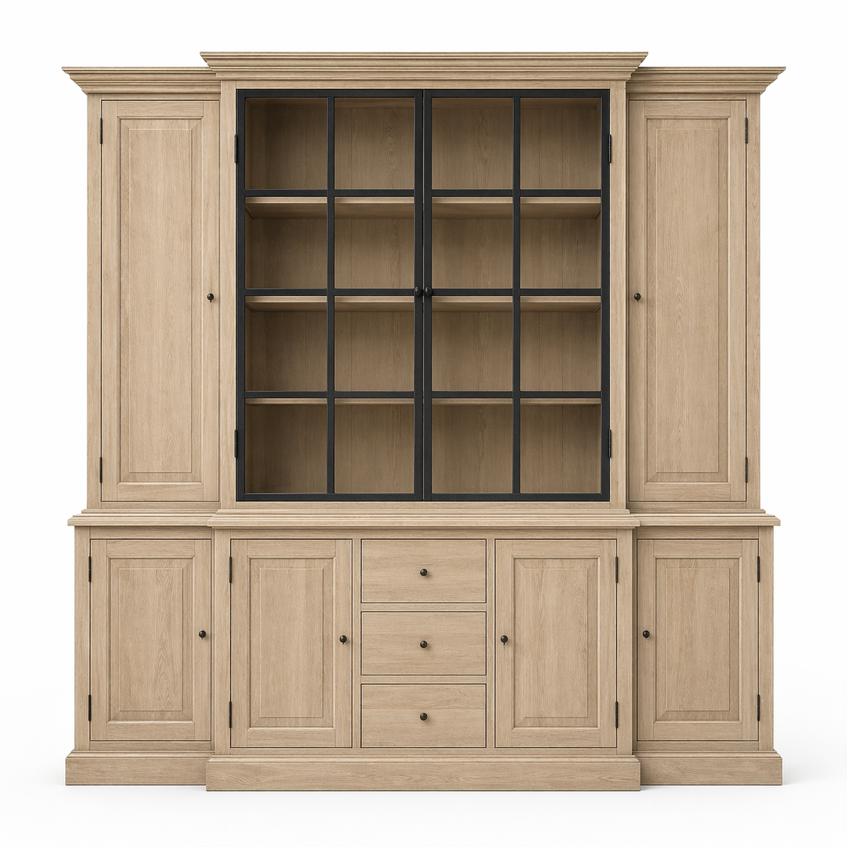 Country-style natural oak Alice display cabinet with black window-pane glass doors, 250 cm wide, front view