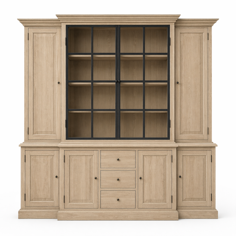 Country-style natural oak Alice display cabinet with black window-pane glass doors, 250 cm wide, front view