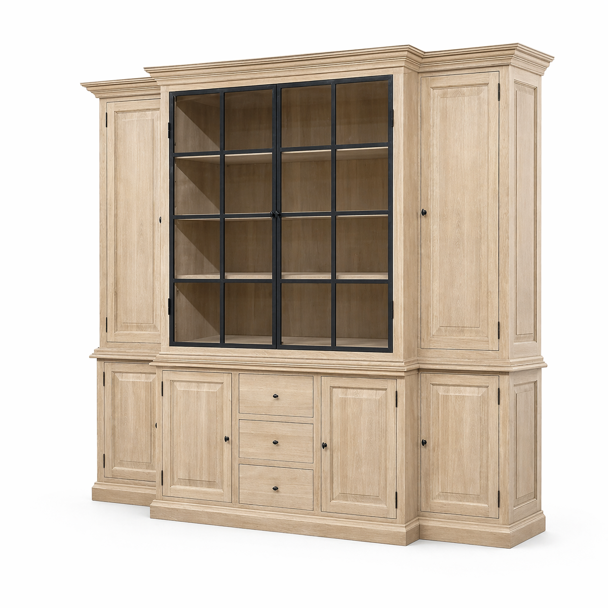 Country-style natural oak Alice display cabinet, black iron glass doors and paneled side units, angled view