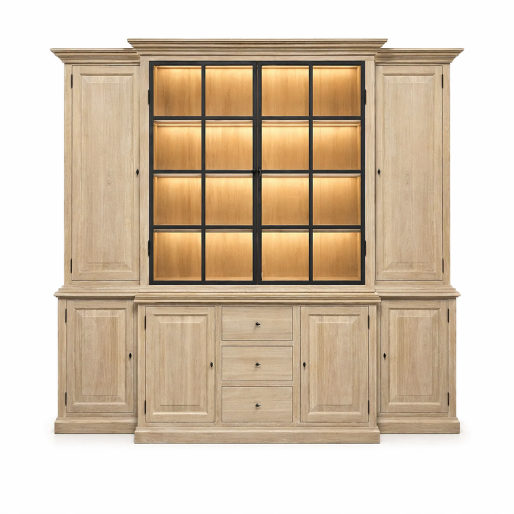Country-style natural oak Alice display cabinet with illuminated interior behind black glazed doors, 250 cm wide