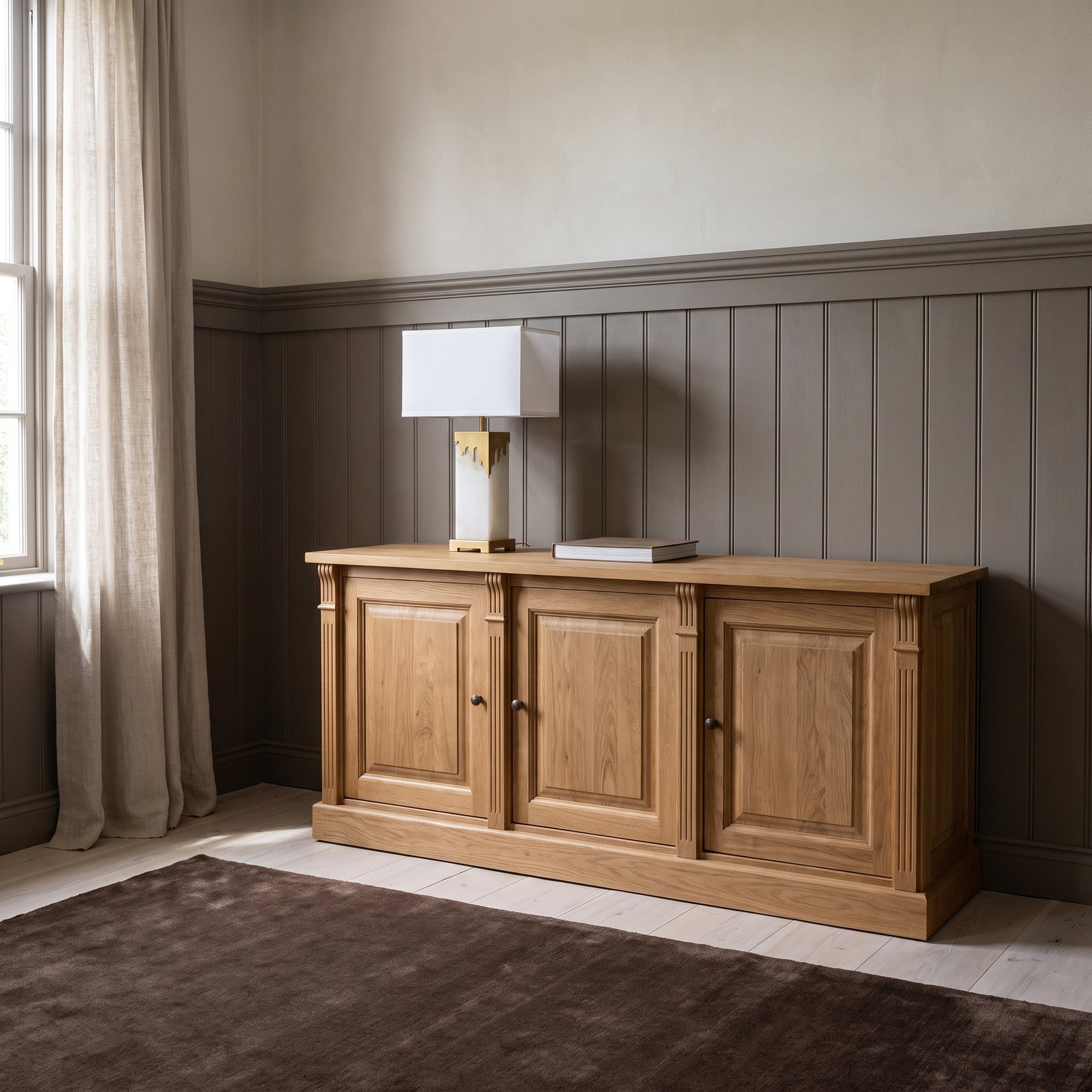 Display Cabinet Colmar in solid oak, in an interior, 179 x 51 x 78 cm