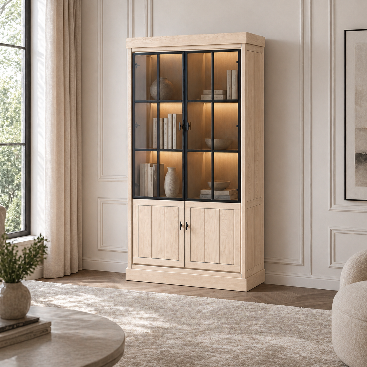 Vitrina Lancaster - Roble Claro Blanco - 112 x 50 x 203 cm