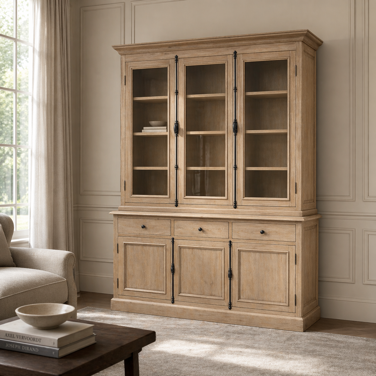 Weathered oak Olon glazed display cabinet styled in a bright living room, 230 cm tall