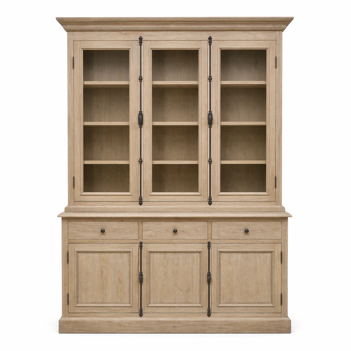 Country-style weathered oak Olon display cabinet with glazed doors, 125 cm wide, front view